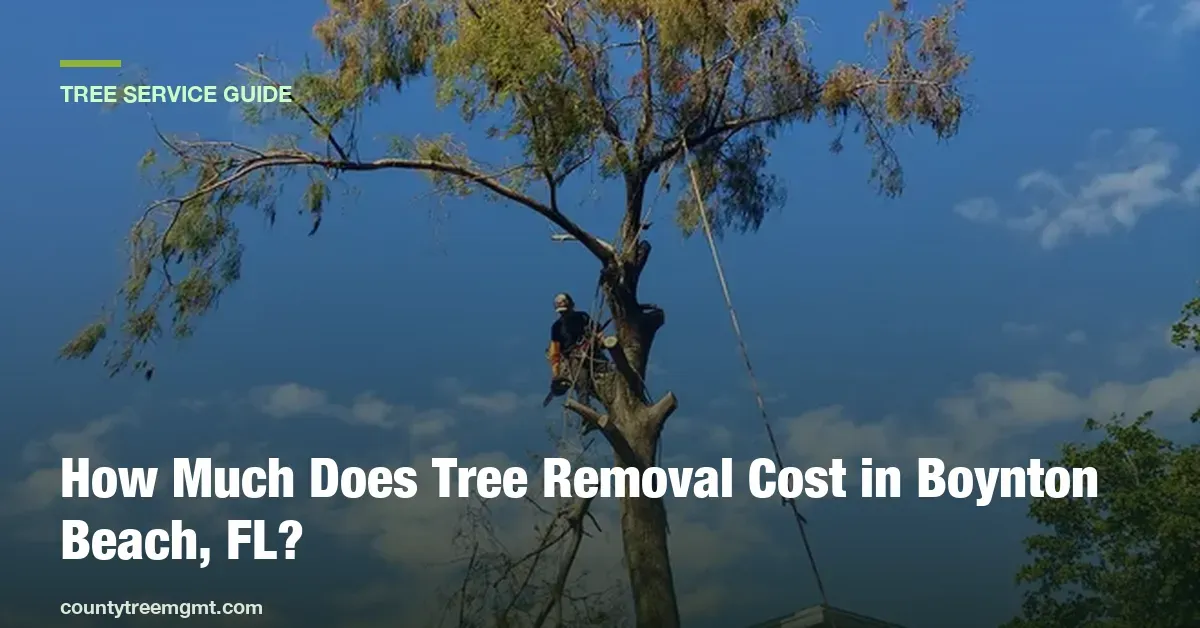 Tree removal crew working on a tall tree near a house in Boynton Beach, with the article title overlaid